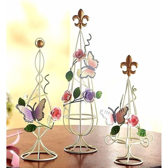 Garden Topiary Decorative Table Butterfly 3-Piece Rose Vines Hand Painted Metal - Picture 1 of 3